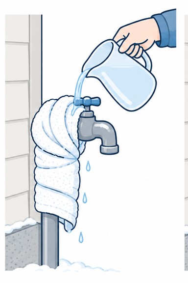 屋外配管に巻いたタオルへぬるま湯をゆっくりかけるイラスト